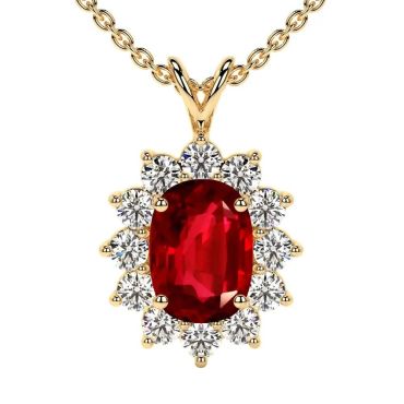 Lab Grown Ruby Elongated Cushion Halo Diana 14 KT with yellow gold Pendant