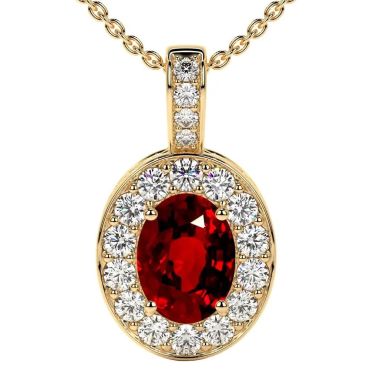 Lab Grown Ruby Oval Cut Classic Halo 14 KT with yellow gold Pendant