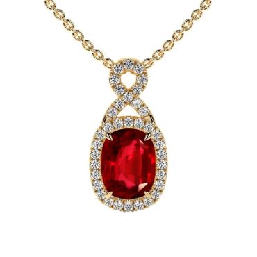 Lab Grown Ruby Elongated Cushion Twist Halo 14 KT with yellow gold Pendant