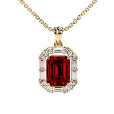 Lab Grown Ruby Prong Set Round And Straight Baguettee Diamonds Halo 14 KT with yellow gold Pendant