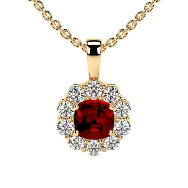 Lab Grown Ruby Square Cushion Halo 14KT with yellow gold Pendant