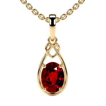 Lab Grown Ruby Oval Cut Solitaire Heart Knot 14 KT with yellow gold Pendant