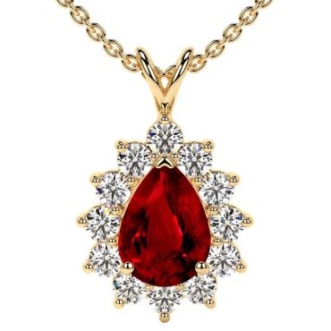Lab Grown Ruby Pear Halo Diana 14 KT with yellow gold Pendant