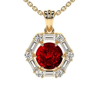 Lab Grown Ruby Prong Set Round And Straight Baguette Diamonds Haloo 14 KT with yellow gold Pendant