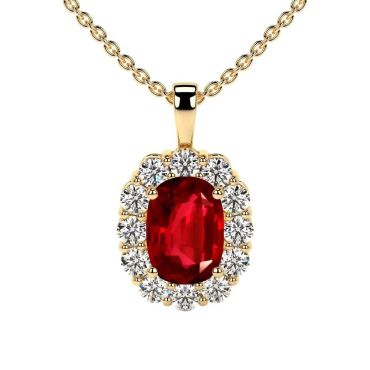 Lab Grown Ruby Elongated Cushion Halo 14 KT with yellow gold Pendant