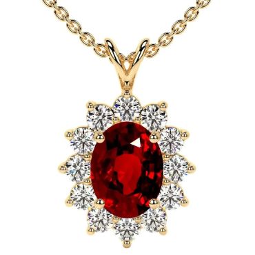 Lab Grown Ruby Oval Cut Halo Diana 14 KT with yellow gold Pendant