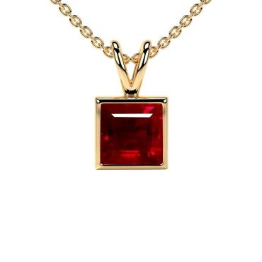 Lab Grown Ruby Square Solitaire Classic Bezel 14 KT with yellow gold Pendant