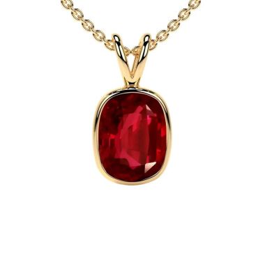 Lab Grown Ruby Elongated Cushion Solitaire Classic Bezel Pendant 14 KT with yellow gold Pendant