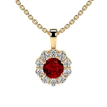 Lab Grown Ruby Round Halo 14 KT with yellow gold Pendant