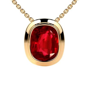 Lab Grown Ruby Elongated Cushion Solitaire Bezel Pendant 14 KT with yellow gold Pendant