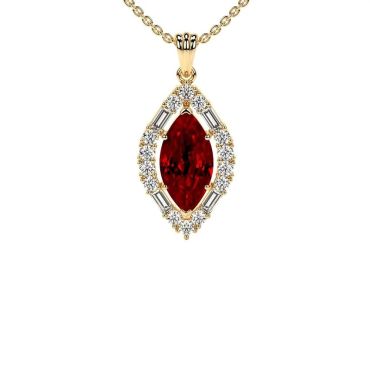 Lab Grown Prong Set Round And Straight Baguette Diamonds Halo Ruby 14 KT with yellow gold Pendant