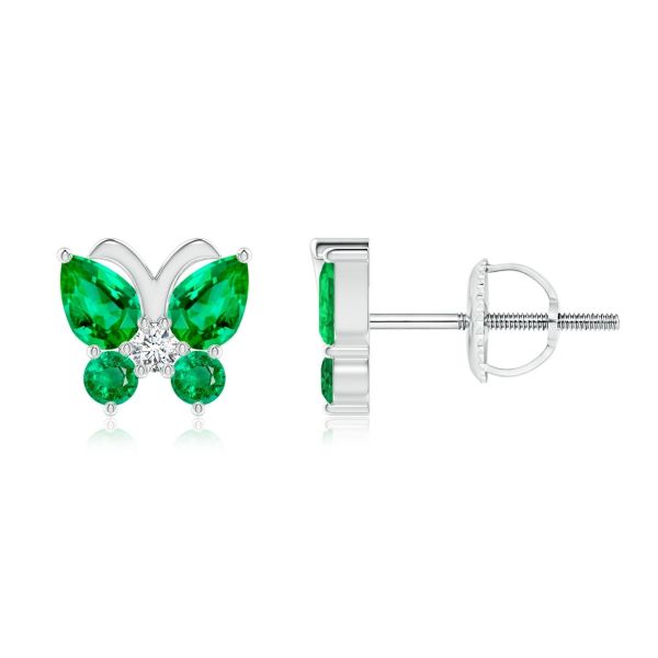 Emerald Butterfly Stud Earrings 14K White Gold with Diamond