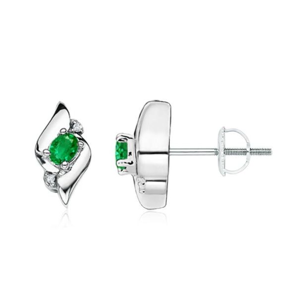 Oval Emerald and 18K White Gold Diamond Shell Stud Earrings