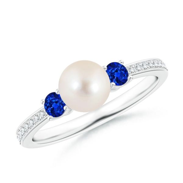 Freshwater Pearl & Blue Sapphire Engagement 14 KT White Gold Ring
