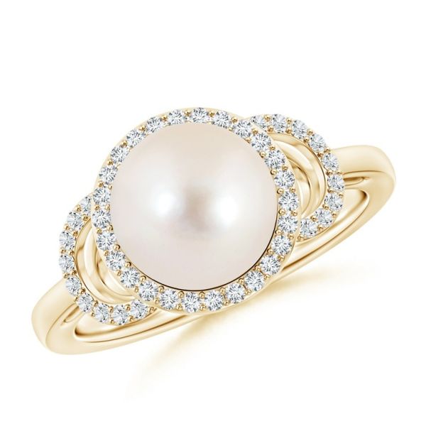 Freshwater Pearl Halo 14 KT Yellow Gold Ring with Diamonds