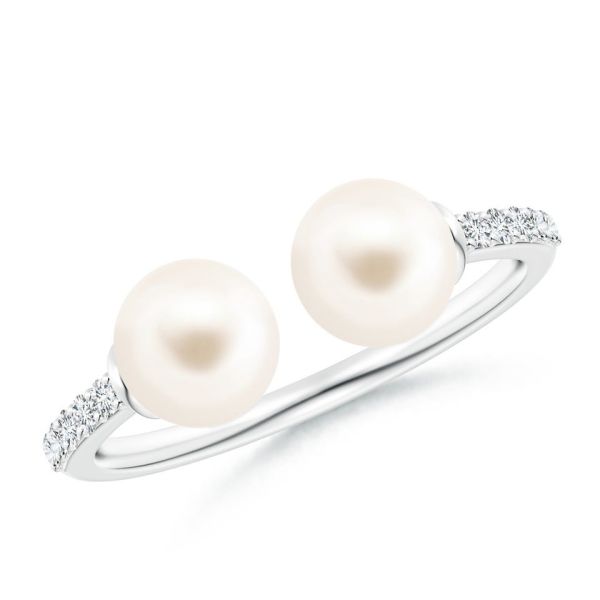 Two Stone Freshwater Pearl Open Stackable 18 KT White Gold Ring