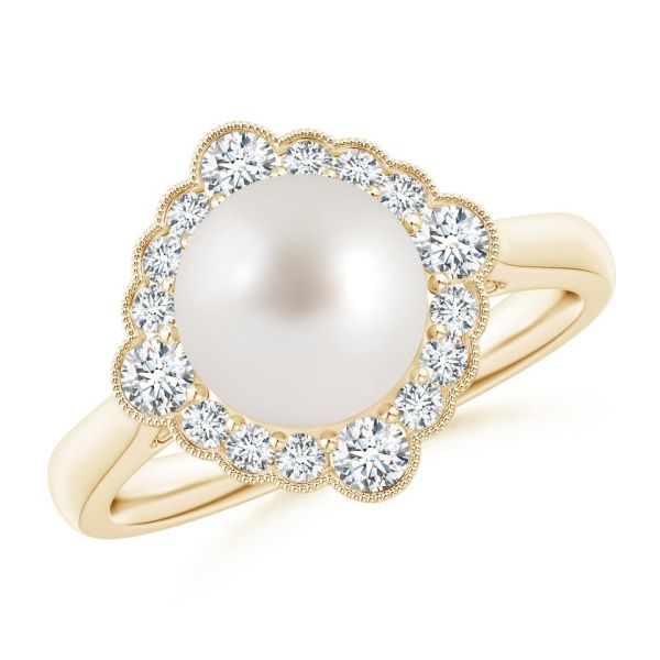 South Sea Pearl Cushion Halo Engagement 14 KT Yellow Gold Ring